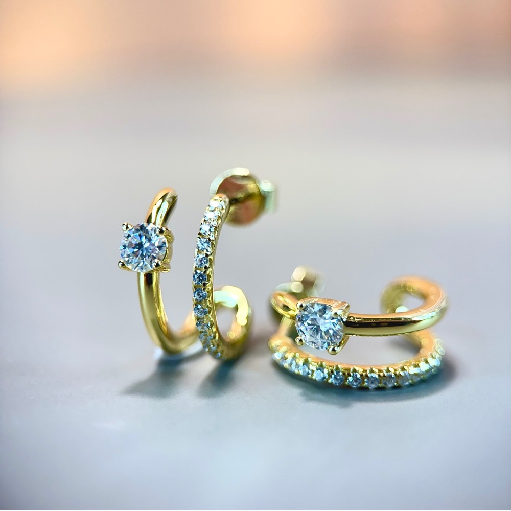 G Shape Stacked Huggies Hoop Earrings Moissanite S925 14K Plate - Picture 3 of 6